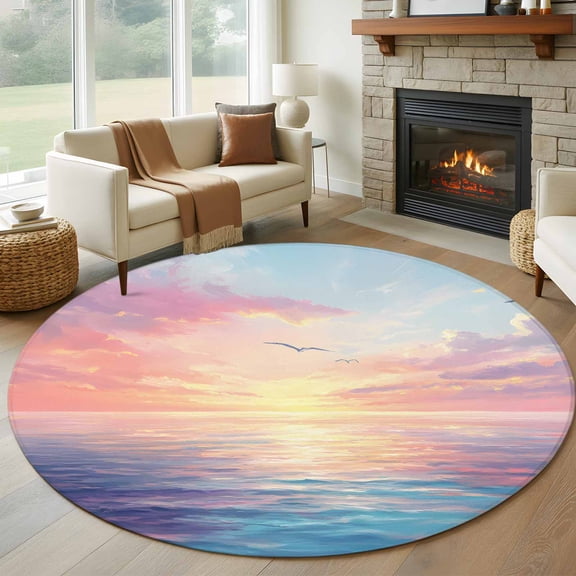 Ocean Sunset Round Area Rug 5 FT, Non Slip Bedroom Area Rug, Purple Blue Seagull Modern Oil Painting Washable Soft Circular Carpet Non-Shedding Floor Mat for Kitchen Dining Room Foyer Balcony Dorm