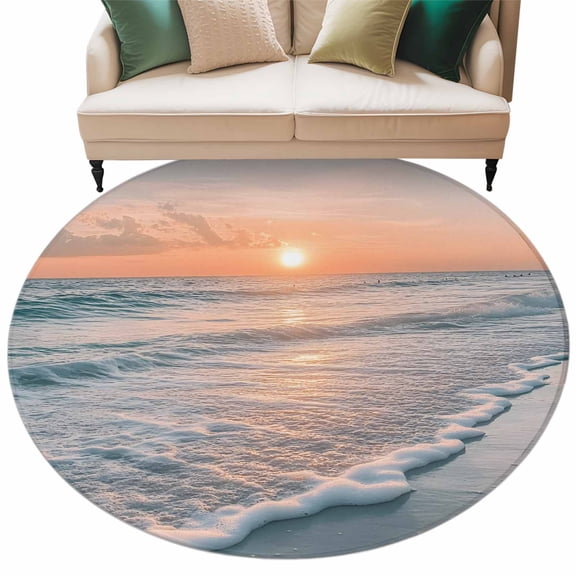 Ocean Sunset Round Area Rug 5ft Washable Large Round Rug for Living Room, Soft Non-Slip Circle Rugs for Dining Room, Summer Beach Shore Sky Sun Scenery Floor Carpet for Bedroom Entryway Home Office