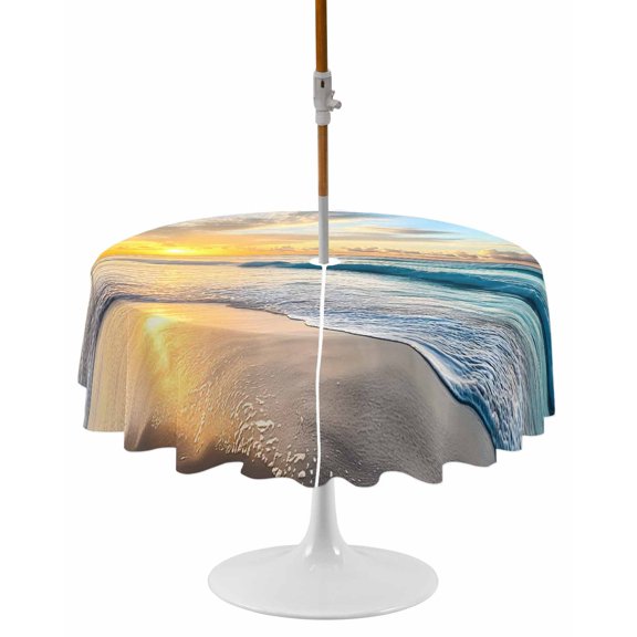 Ocean Sunset Round Outdoor Tablecloth, Waterproof Table Cloth Cover with Umbrella Hole and Zipper, Beach Blue Sky Coastal Seashore Summer Table Protector for Patio Party Picnic 54" Round
