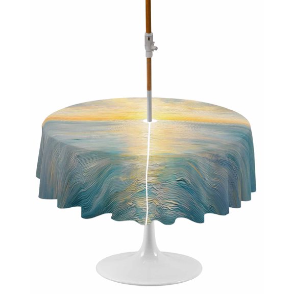 Ocean Sunset Round Outdoor Tablecloth, Waterproof Table Cloth Cover with Umbrella Hole and Zipper, Blue Sky Sea Minimalist Abstract Art Table Protector for Patio Party Picnic 54" Round