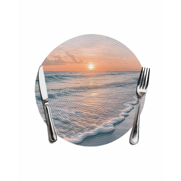Ocean Sunset Round Placemats for Dinning Tables, Heat-proof Braided Table Mats 13 Inch, Summer Beach Shore Sky Sun Scenery Washable Place Mat for Kitchen Restaurant Party Decor Supplies Table Setting