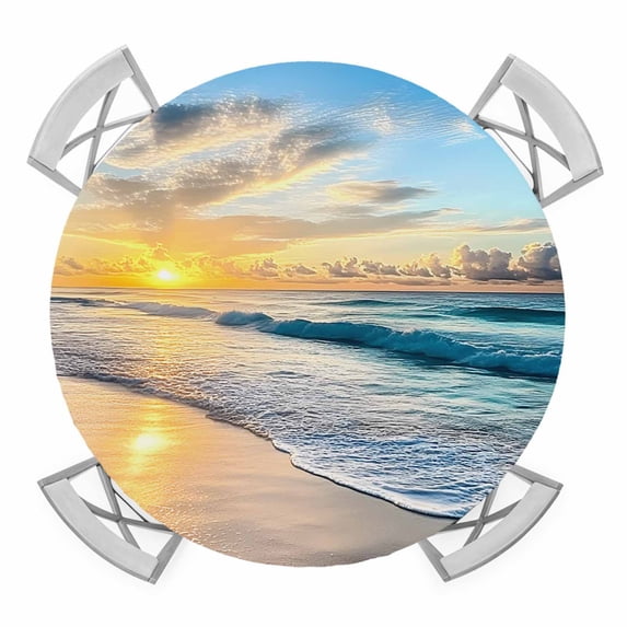 Ocean Sunset Round Tablecloth for 36-44 Inch Tables,Fitted Table Cover with Elastic Edge,Beach Blue Sky Coastal Seashore Summer Waterproof Outdoor Table Cloth Protector for Patio Garden Dinner Picnic