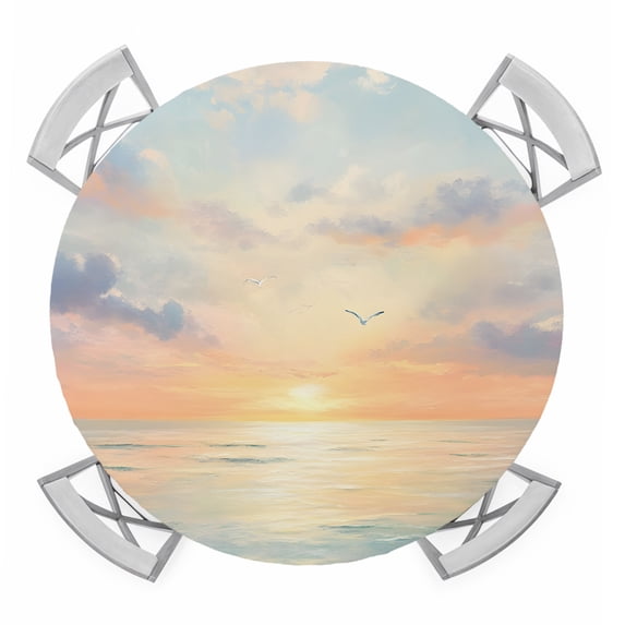 Ocean Sunset Round Tablecloth for 36-44 Inch Tables,Fitted Table Cover with Elastic Edge,Modern Orange Blue Oil Painting Seagull Waterproof Outdoor Table Cloth Protector for Patio Garden Dinner
