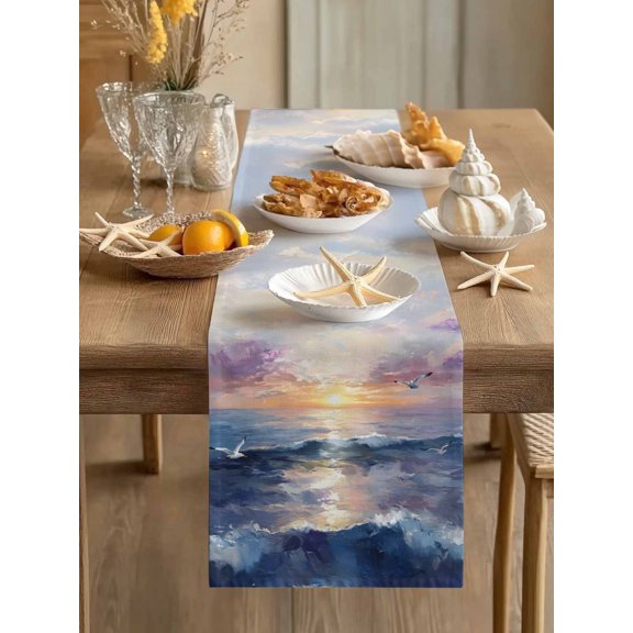 Ocean Sunset Scene Oil Painting Table Runner 13x70in Non-Slip Cotton Linen Table Runners, Marine Beach Seagull Dresser Scarves TableRunner for Dinner Kitchen Dining Wedding Party