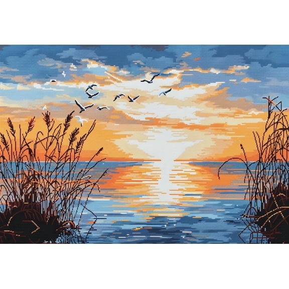 Ocean Sunset Seagulls Landscape DIY 11CT Stamped Cross Stitch Kits for Beginners Easy Needlepoint Embroidery Counted Cross Stitch Art Craft for Wall Decoration 12x16inch(4)