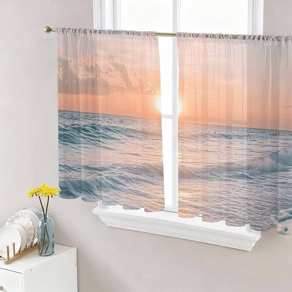Ocean Sunset Semi Sheer Curtains 54 Inch Length 2 Panels Set, Summer Beach Shore Sky Sun Scenery Sheer Kitchen Curtain Privacy Voile Window Curtain for Living Room Bedroom Rod Pocket Drapes