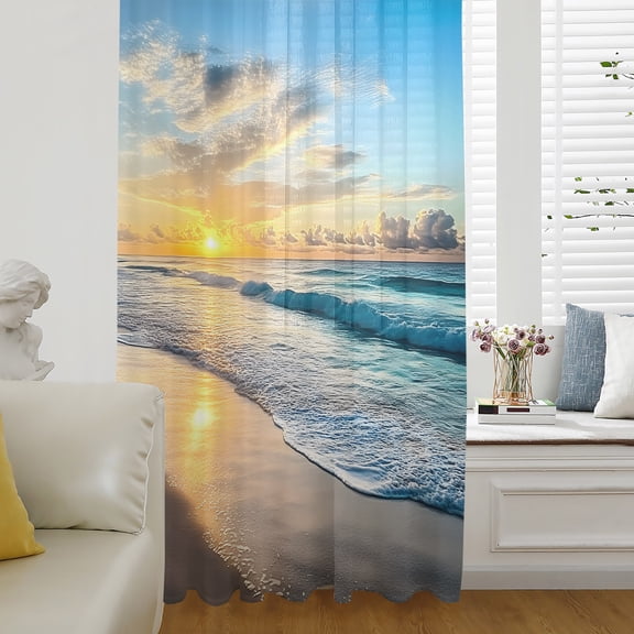 Ocean Sunset Sheer Curtains 96 Inch Length, Light Filtering Voile Curtain Panel, Beach Blue Sky Coastal Seashore Summer Rod Pocket Drapes Window Treatments for Living Room Bedroom 52"x96"