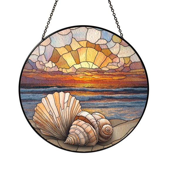 Ocean Sunset Shells Stained Glass Window Suncatcher, Beach Inspired Sun Catcher