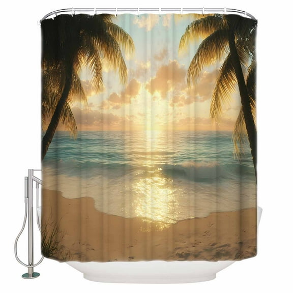 Ocean Sunset Shower Curtain, 48" x 72", Tropical Sandy Beach Palm Trees Waterproof Bathroom Curtain Washable Shower Curtain Set with 12 Hooks