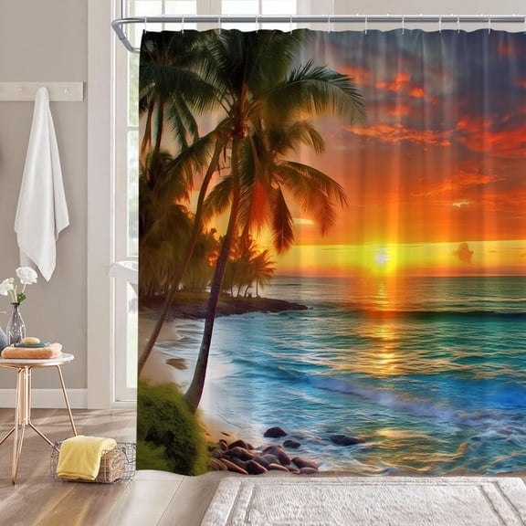 Ocean Sunset Shower Curtain Blue Orange Sea Beach Coastal Tropical Palm Tree Seaside Nature Scenery Landscape Fabric Bathroom Decor Curtain with Hook-72"W x 72"L (Pack of 1)