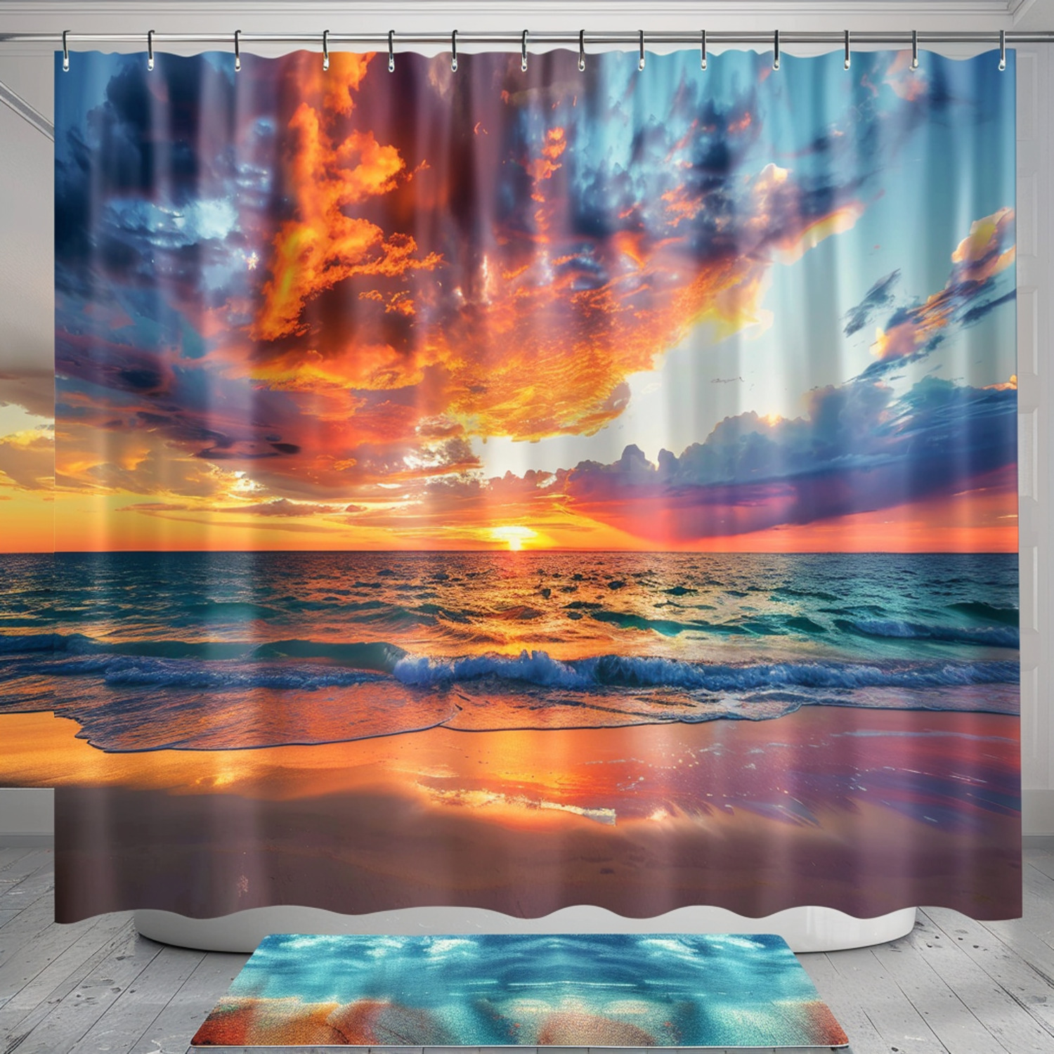 Ocean Sunset Shower Curtain Hyperrealistic design with vibrant colors