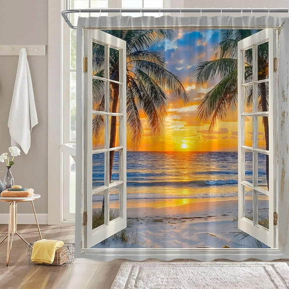 Ocean Sunset Shower Curtain Ocean Beach Sunset Tropical Plam Tree Wihte Wooden Window Nature Scenery Landscape Bathroom Fabric Curtain with Hooks,Orange Blue-36"W x 72"L (Pack of 1)