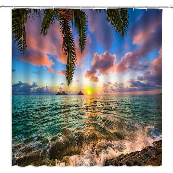 Ocean Sunset Shower Curtain Tropical Beach Palm Leaves Tree Sea Waves Seaside Nature Scenery Coastal Cloudy Sky Landscape Fabric Bathroom Decor Set with Hooks(84" Wx70 H)
