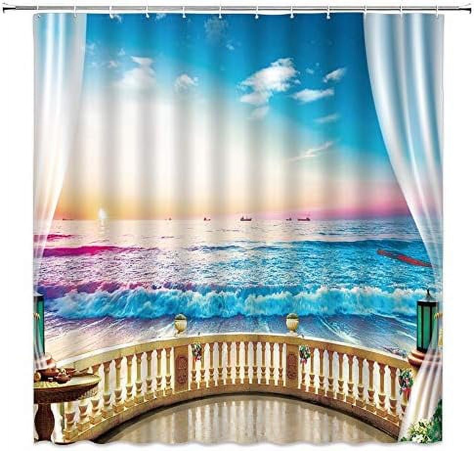 Ocean Sunset Shower Curtain Tropical Beach Ocean Palm Tree Leaf Sunrise