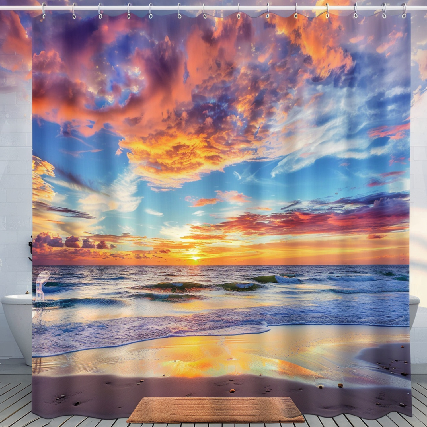 VANZEV Beach Sunset Shower Curtain - Ocean Teal Fabric Bathroom Decor, Waterproof, 72x72 Inches