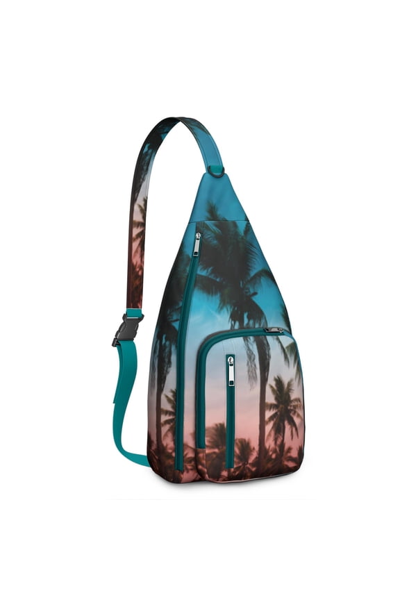 Ocean Sunset Sling Backpack - Tropical Palm Trees & Waves Pattern, Durable Anti-Theft Shoulder Bag