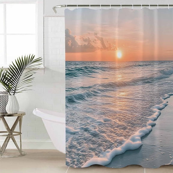 Ocean Sunset Small Stall Shower Curtain, Waterproof Shower Curtains for Bathroom, Summer Beach Shore Sky Sun Scenery Washable Fabric Cloth Bath Curtain for Bathtub Decoration with Hooks 36x72 Inches