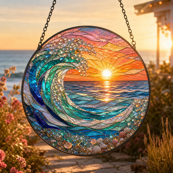 Ocean Sunset Stained Glass Suncatcher for Window Hanging, Coastal Sky Wave Decor Gift