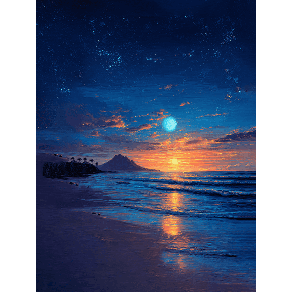 Ocean Sunset Starry Night Beach Canvas Wall Art 15.75x11.81 Inches