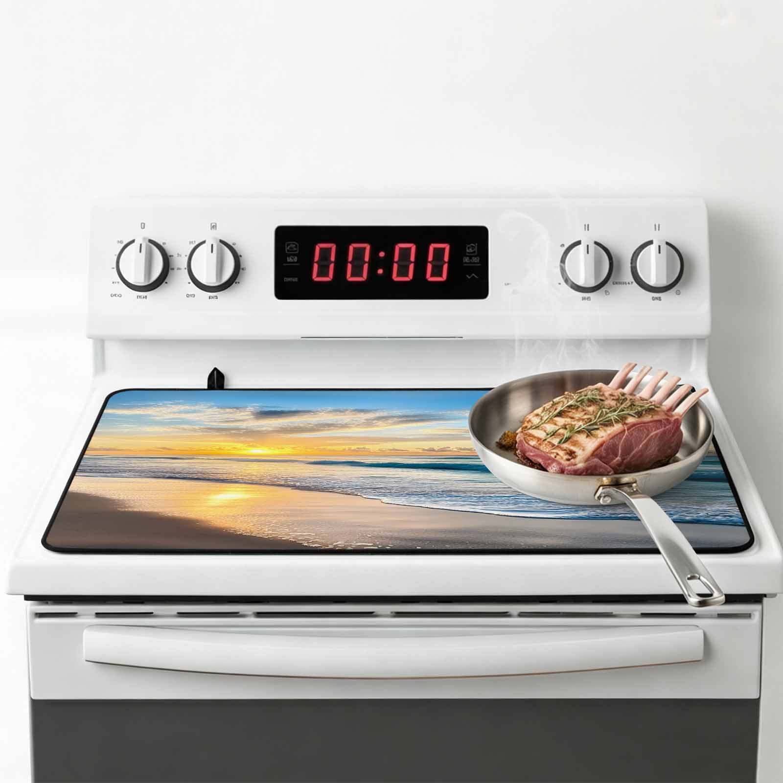 Ocean Sunset Stove Top Cover for Electric Stove, Heat-proof & Non Slip Glass Top Stove Cover Protector, Beach Blue Sky Coastal Seashore Summer Kitchen Flat Cooktop Rubber Mat 24x21 Inches