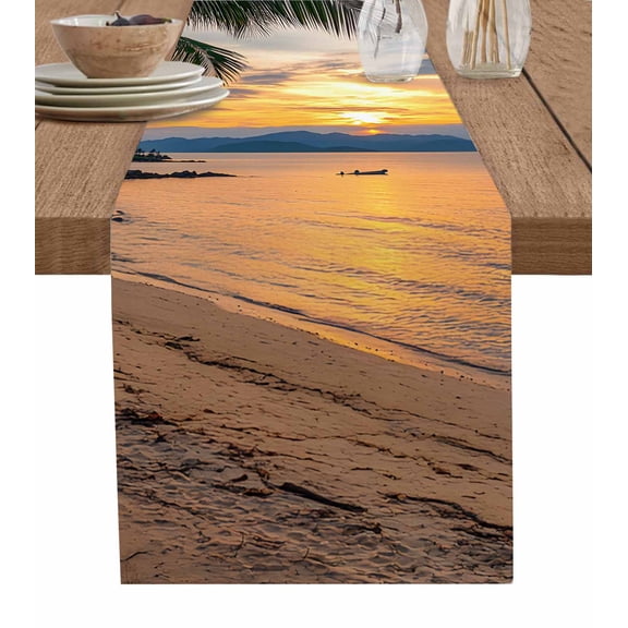 Ocean Sunset Table Runner 36 Inches, Summer Palm Tree Shore Sand Mountain Bed Runner Dresser Scarves Tabletop for Indoor Outdoor Parties/Ceremony/Banquet, 13"x 36"