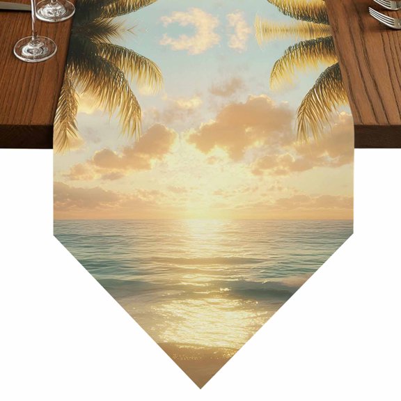 Ocean Sunset Table Runner for Dining Room, Tropical Sandy Beach Palm Trees Cotton Linen Dining Table Runner Tablecloth Dresser Scarves for Kitchen Cafe 13x36 Inches Long