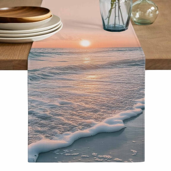 Ocean Sunset Table Runner, Summer Beach Shore Sky Sun Scenery Washable Cotton Linen Table Runners 36 Inches Long, Dresser Scarf Runner for Nightstand/End Tables/Round Tables 13''x36''