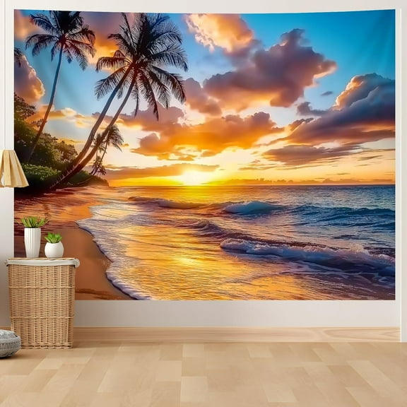 Ocean Sunset Tapestry, Beach Evening Sunset Tapestry, Natural Beach Palm Tree Landscape Poster, Seaside Landscape Wall Hanging for Bedroom, Dorm Room and Living Room Wall Decor 79" L x 59" W