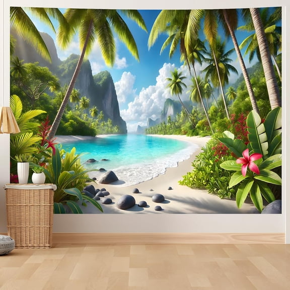 Ocean Sunset Tapestry, Beach Evening Sunset Tapestry, Natural Beach Palm Tree Landscape Poster, Seaside Landscape Wall Hanging for Bedroom, Dorm Room and Living Room Wall Decor 79" L x 59" W