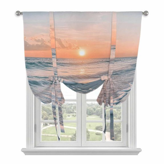 Ocean Sunset Tie Up Curtains for Windows, Adjustable Rod Pocket Valance Shade, Summer Beach Shore Sky Sun Scenery Light Filtering Window Treatment for Kitchen Bedroom Living Room 52"x 45"