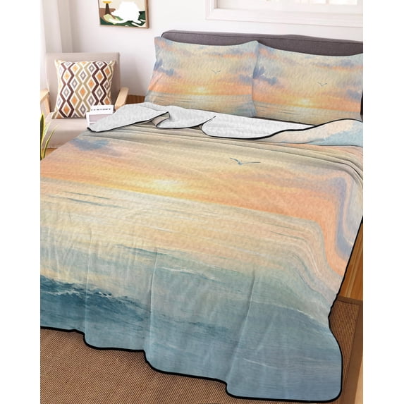 Ocean Sunset Twin XL Size Down Alternative Comforter, Lightweight Comforter Quilt Bedding Set with Pillow Shams Modern Orange Blue Oil Painting Seagull All Seasons Bed Comforter Duvet Insert 68"x98"