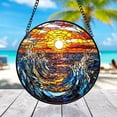 thumbnail image 1 of Ocean Sunset Waves Glass Suncatcher, Circular Mosaic Window Hanging, Coastal Home Decor, 7.9 in, 1 of 3