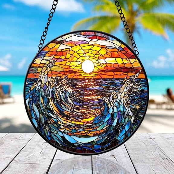 Ocean Sunset Waves Stained Glass Suncatcher | Circular Mosaic Window Hanging | Coastal Home Decor