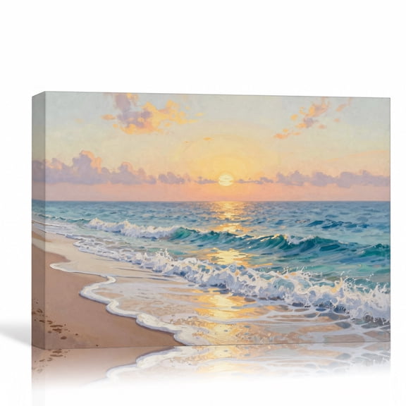 Ocean Sunset Waves Wall Art Coastal Canvas Print Golden Reflection Bedroom Decor 24"L x 16"W