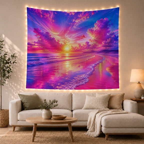 Ocean Sunset Over Wet Sandy Beach, Peaceful Dramatic Coastal Scene for Beach Lovers, Coastal Home Decor Housewarming Gift Tapestry Wall Hanging for Bedroom and Living Room