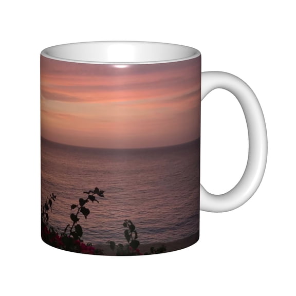 Ocean Sunset White Ceramic Mug 11oz, Scenic Sea Landscape Coffee Cup, Pink Sky Coastal View Tea Mug for Home and Office, Nature Lover Gift