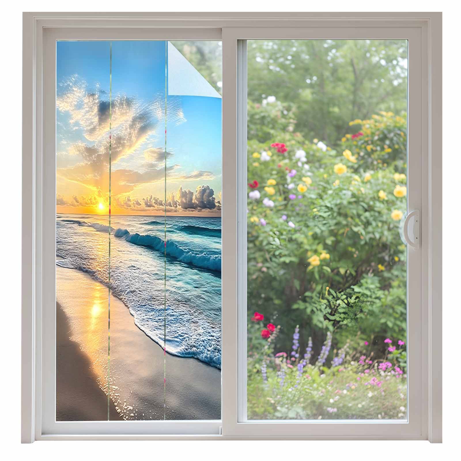 Sun Window Sign Ocean Sunset Window Privacy Film, Beach Blue Sky Coastal Seashore ...
