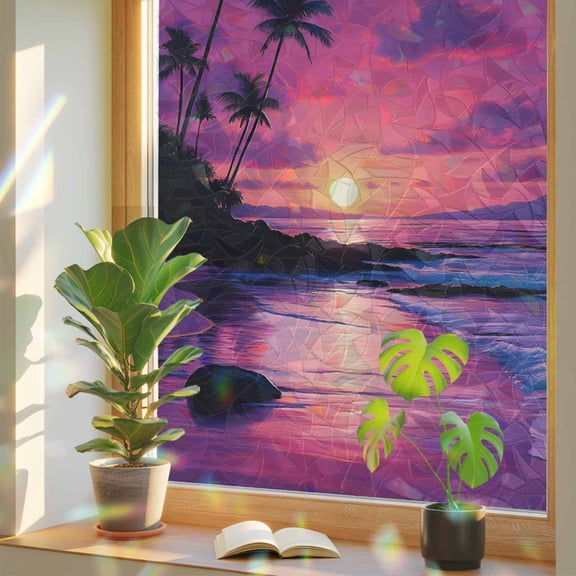 Ocean Sunset Window Privacy Film Rainbow Static Cling Stain Glass Window Film for Glass Door, Decorative Sunroof Decal Sticker for Car Bathroom 19.6"x39.3" Summer Ocean Scenery Tropical Palm Tree