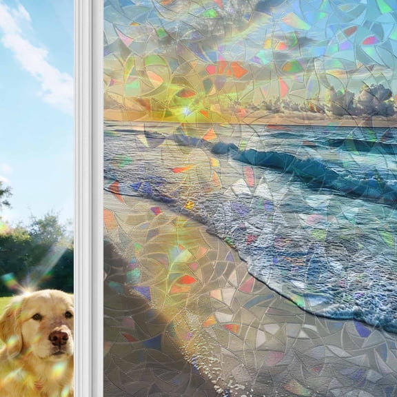 Ocean Sunset Window Privacy Film Stain Glass,Reusable Decorative Rainbow Window Film,Beach Blue Sky Coastal Seashore Summer Static Cling Sun Blocking Stickers Decals Covers 29.5" x 118" (2pcs)