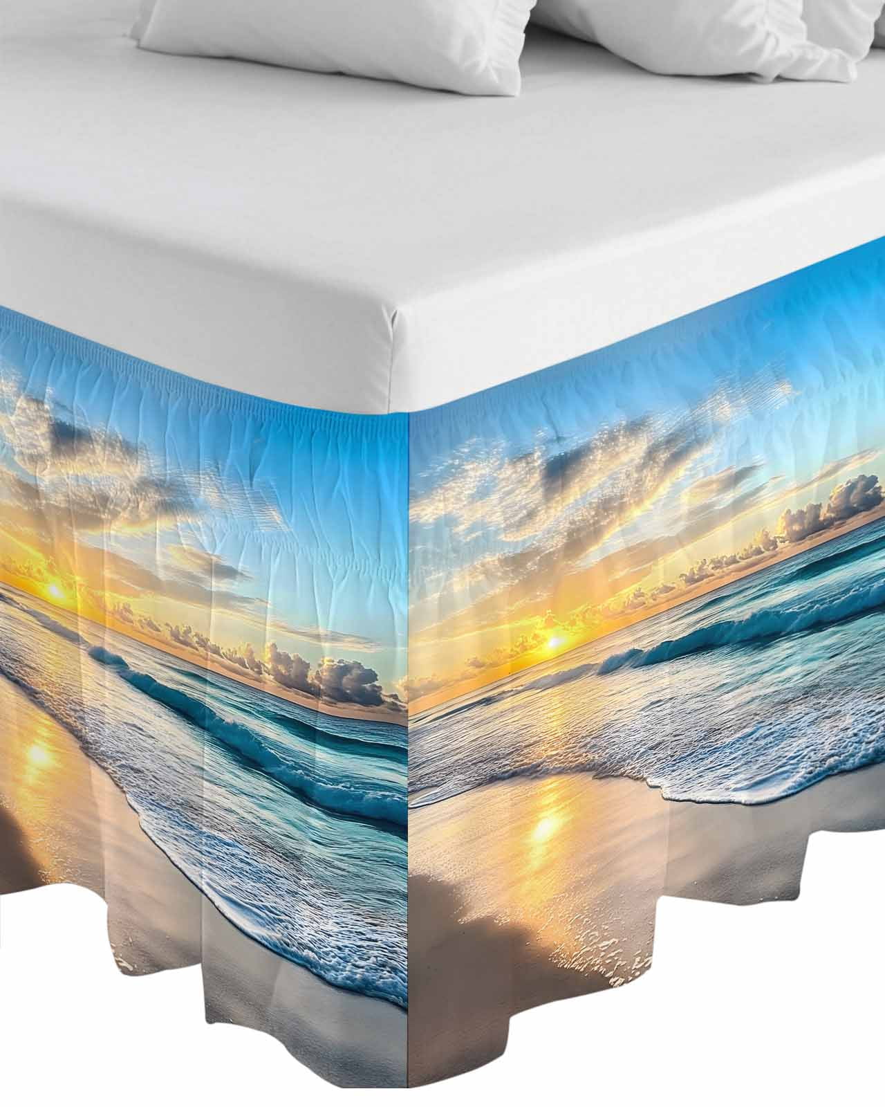 Ocean Sunset Wrap Around Bed Skirts for California King Bed 16" Drop,Bed Skirt with Adjustable Elastic Belt Dust Ruffle Bed Valance for Bedroom Beach Blue Sky Coastal Seashore Summer Bed Frame Cover