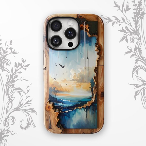 Ocean Sunset and Birds Blue Brown Tough Phone Case, Polycarbonate and TPU, for Apple iPhone Models