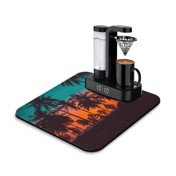Ocean Sunset with Palm Trees Coffee Bar Mat - Non-Slip Absorbent Pad for Espresso Machine, 4-Layer Design with Rubber Backing