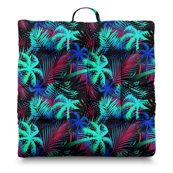 Ocean Sunset with Palm Trees Floor Cushion – 22x22 Inch Large Pillow, Dutch Velvet, Watercolor Wave & Sunset Print (Serene Coastal Decor)