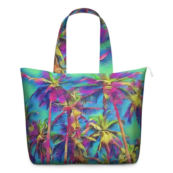 Ocean Sunset with Palm Trees Large Capacity Zipper Tote Bag, Lightweight Travel Shoulder Bag with Interior Organization, Perfect for Gym & Flights