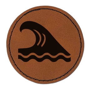 Ocean Surf Wave Beach 2.5" Faux Leather Round Engraved Iron-On Patch - Brown