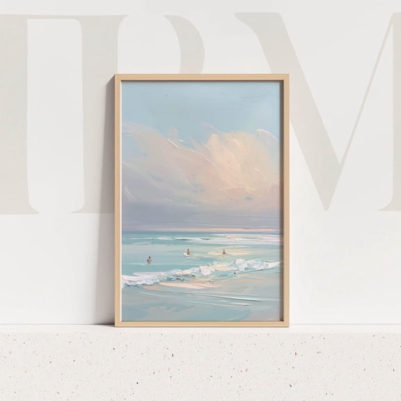 Ocean Surfers Print, Beach Wall Art, Pastel Seascape Abstract Textured Home Decor #423, Unframed Poster Size 8x12