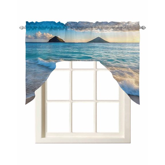 Ocean Swag Valances for Windows, Small Curtains Drapes, Blue Sky Mountain Sandy Beach Sea Scenery Kitchen Window Curtains Over Sink Rod Pocket Window Treatment Valance for Bedroom/Bathroom 56"x36"