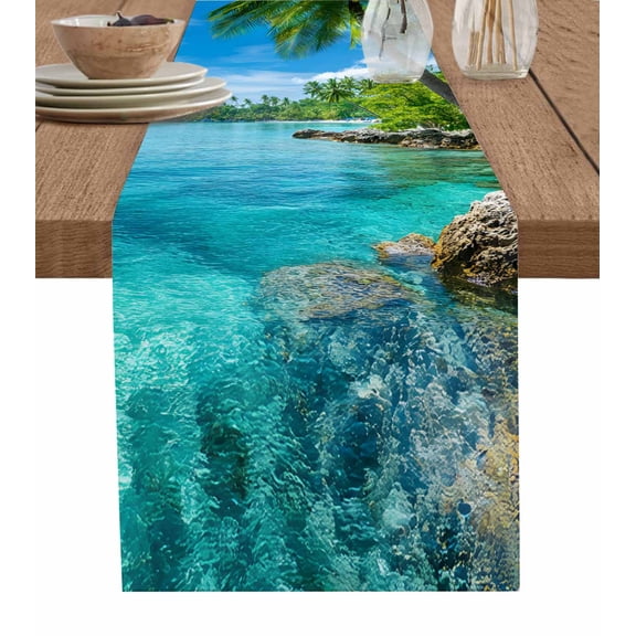 Ocean Table Runner Cotton Linen 36 Inch Holiday Dresser Scarves, Blue Sky Palm Tree Beach Scenery Forest Shore Tablerunner for Kitchen Coffee Dining Bedroom Living Room Dinner Scarf Décor 13''x36''
