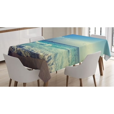 Ambesonne Tropical Tablecloth Rectangular Table Cover, Beach Sunset Waves, 60"x84", Cream Turquoise