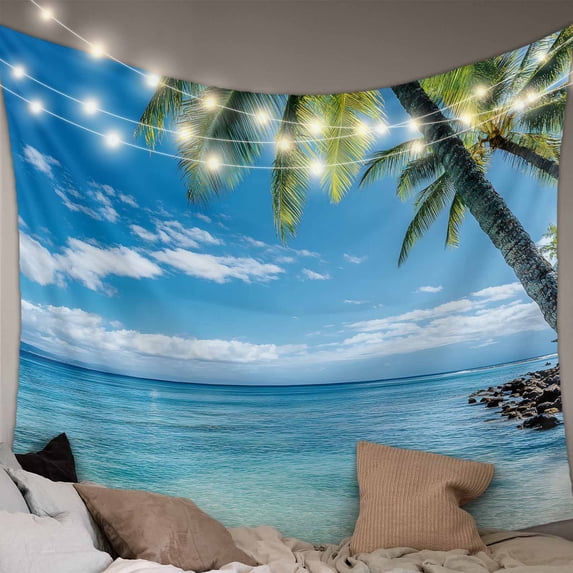 Ocean Tapestry for Bedroom Wall Hanging Tapestry, Summer Palm Trees Blue Sky Beach Scenery Ceiling Backdrop Tapestries Poster Blanket Wall Decor for Teens Room Living Room Dorm 55" x 73"